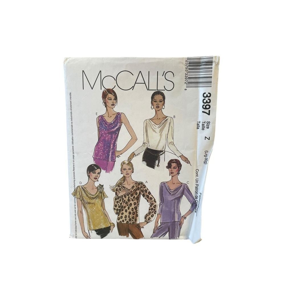 McCall's 3397 Bias Tops Sewing Pattern Misses Size L-XL Cowl Neck 90s Vintage